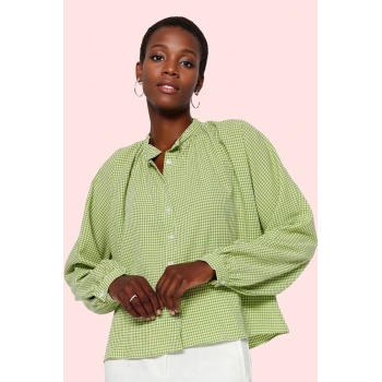 Kadın Gofre Dokuma Gömlek Kareli Desen Hakim Yaka Günlük Kullanım Yaz Aylarının Vazgeçilmezi