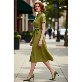 Kadın Gofre Dokuma Midi Boy Kısa Kollu Gömlek Elbise Modern Şıklık Ve Rahatlık Sunar Kaliteli