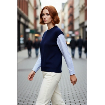 Kadın Gömlek Detaylı Triko Kazak Renk Bloklu Oversize Bisiklet Yaka Günlük Şıklık Ve Konfor Sunar