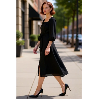 Kadın Gömlek Elbise Midi Boy Truvakar Balon Kol Kare Yaka Kuşaklı Dokuma Şıklığı İle Rahatlık