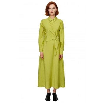 Kadın Gömlek Yaka A Line Dokuma Elbise Maxi Boy Uzun Kol Bel Bağlama Detayı Günlük Zarif Stil