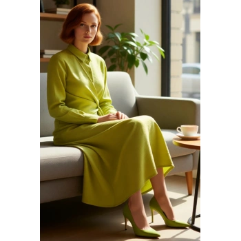 Kadın Gömlek Yaka A Line Dokuma Elbise Maxi Boy Uzun Kol Bel Bağlama Detayı Günlük Zarif Stil