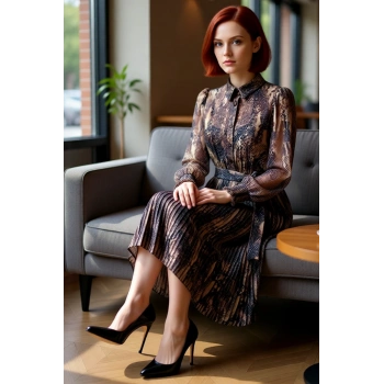 Kadın Gömlek Yaka Animal Desenli Midi Elbise Şifon Dokuma Balon Kol Skater Kesim Astarlı Kaliteli