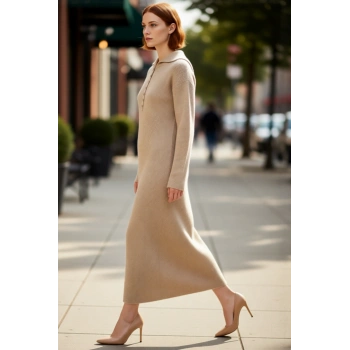 Kadın Gömlek Yaka Düğmeli A Line Uzun Kollu Düz Selanik Triko Maxi Elbise Kış Sezonu Şıklığı