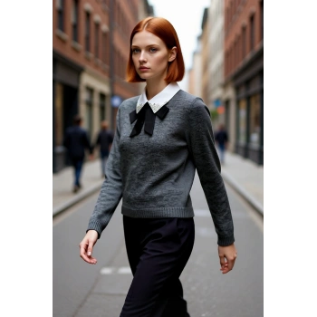 Kadın Gömlek Yaka Görünümlü Nakış Detaylı Triko Kazak Standart Kollu Sonbahar Kış Stili Kaliteli