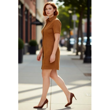 Kadın Gömlek Yaka Kahverengi Süet Dokuma A line Kısa Kol Mini Elbise Sonbahar İçin İdeal Seçim