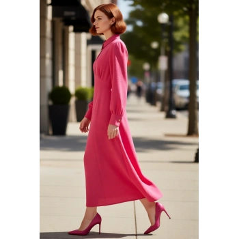 Kadın Gömlek Yaka Skater Kalıp Düz Desen Maxi Boy Uzun Kollu Dokuma Aerobin Elbise Kaliteli