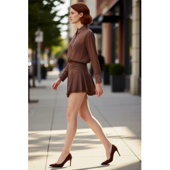 Kadın Gömlek Yaka Uzun Kollu Skater Şifon Elbise Şık İlkbahar Sonbahar Davet Stili İçin İdeal