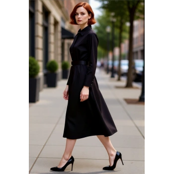 Kadın Gömlek Yaka Yarasa Kollu Uzun Kuşaklı Midi Boy Dokuma Kışlık Elbise Casual Şıklık Kaliteli