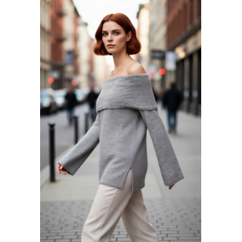 Kadın Gri Dokulu Carmen Yaka Triko Kazak Regular Kalıp Soğuk Havalar İçin Şık Günlük Giyim