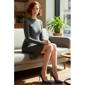 Kadın Gri Düz Desen A Line Siluet Akrilik Triko Elbise Uzun Kollu Bisiklet Yaka Günlük Şıklık