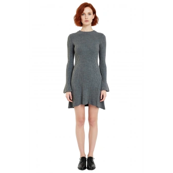 Kadın Gri Düz Desen A Line Siluet Akrilik Triko Elbise Uzun Kollu Bisiklet Yaka Günlük Şıklık