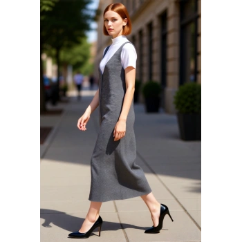 Kadın Gri Jile Triko Elbise Midi Boy V Yaka Kolsuz Rahat Kesim İlkbahar Sonbahar Günlük Şıklığı