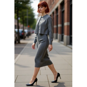 Kadın Gri Midi Bodycon Triko Elbise ve Kısa Hırka İkili Takım Sonbahar Kış Stili Kaliteli Şık