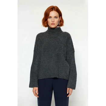 Kadın Gri Oversize Dik Yaka Akrilik Selanik Dokuma Uzun Kollu Basic Triko Kazak Kaliteli Şık