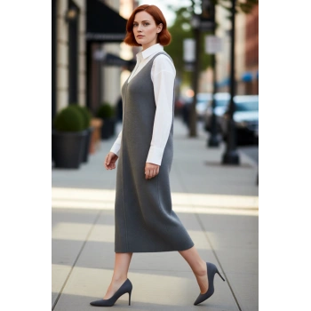 Kadın Gri Shift Kalıp Triko Jile Midi Elbise V Yaka Düz Dokulu Konforlu İlkbahar Sonbahar Kaliteli
