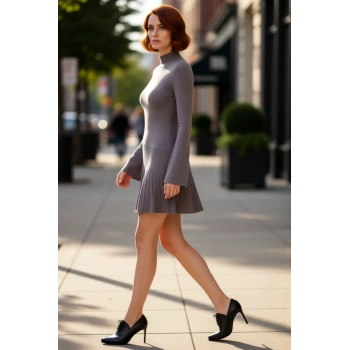 Kadın Gri Skater Elbise Dik Yaka Uzun Standart Kol İnce Triko Kışlık Şık Mini Modern Tasarım