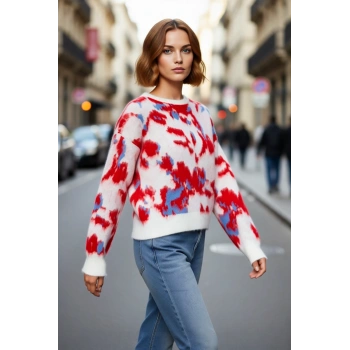 Kadın Günlük Akrilik Oversize Triko Kazak Batik Desenli Uzun Kollu Rahat ve Sıcak Tutucu Kaliteli