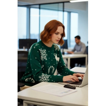 Kadın Günlük Akrilik Rahat Oversize Bisiklet Yaka Yılbaşı Desenli Triko Kışlık Kazak Kaliteli