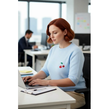 Kadın Günlük Bisiklet Yaka Kiraz Nakışlı Regular Kesim Düşük Kol Triko Kazak İlkbahar Sonbahar