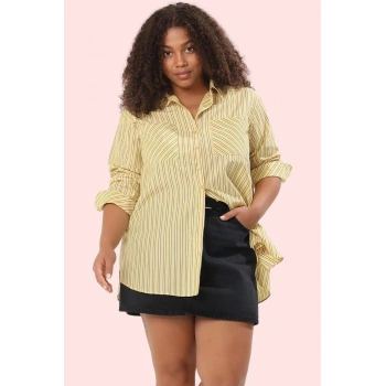Kadın Günlük Çizgili Büyük Beden Gömlek Rahat Ve Şık Hafta Sonu Yaz Aylarının Vazgeçilmezi