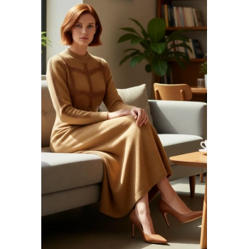 Kadın Günlük Dik Yaka Uzun Kollu Skater Maxi Triko Elbise Dantel Detayları ile Şık ve Rahat