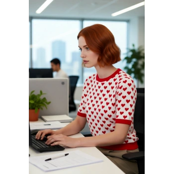 Kadın Günlük Giyim İçin Sevimli Kalp Desenli Regular Fit Akrilik Bisiklet Yaka Triko Bluz Kaliteli