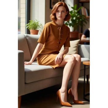 Kadın Günlük Kombinler İçin Düz Desen Kısa Kollu Bisiklet Yaka Mini Elbise Polyester Elastan