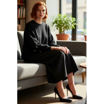 Kadın Günlük Kullanım İçin Dokuma Detaylı Maxi T shirt Elbise Örme Kumaş Düz Desen Uzun Kollu