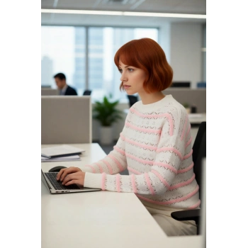 Kadın Günlük Kullanım Oversize Bisiklet Yaka Ajurlu Triko Kazak Rahat Düşük Kol Tasarımı Kaliteli