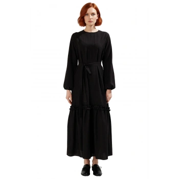 Kadın Günlük Rahat Dokuma Crinkle Düz Desen A Line Maxi Elbise Kuşak Detaylı Klasik Yaka Kaliteli