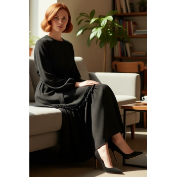 Kadın Günlük Rahat Dokuma Crinkle Düz Desen A Line Maxi Elbise Kuşak Detaylı Klasik Yaka Kaliteli