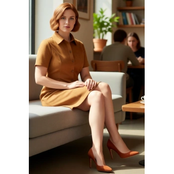 Kadın Günlük Şık Gömlek Yaka Kahverengi Dokuma A line Kısa Elbise Polyester Elastan Karışımı