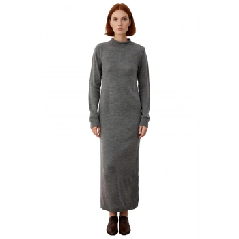 Kadın Günlük Şık Triko Maxi Elbise Uzun Kollu Dik Yaka Düz Akrilik Kumaş Rahat Shift Kalıp Tek Plaka