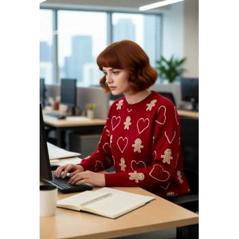 Kadın Günlük Yılbaşı Desenli Uzun Kollu Bisiklet Yaka Regular Kalıp Akrilik Triko Kazak Kaliteli