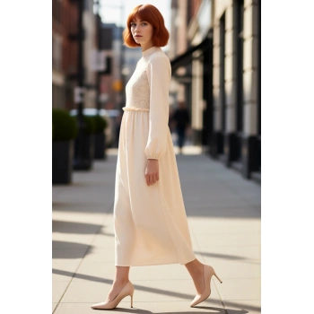 Kadın Güpür Detaylı A Kesim Maxi Boy Dokuma Elbise Standart Kollu Dik Yaka Zarif Tasarım Kaliteli