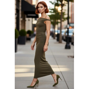 Kadın Haki Carmen Yaka Bodycon Maxi Elbise Özel Davetler İçin Şık Ve Modern Tasarım Fashion Forward