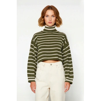 Kadın Haki Çizgili Balıkçı Yaka Crop Triko Kazak Rahat Düşük Kol Detaylı Basic Kışlık Model