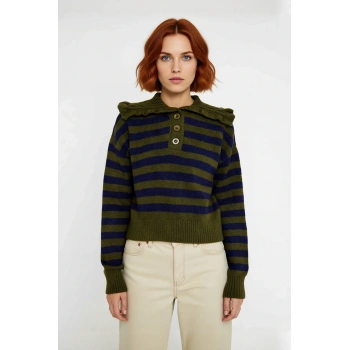 Kadın Haki Çizgili Devrik Yaka Crop Triko Kazak Düşük Kollu Rahat Kışlık Basic Model Kaliteli