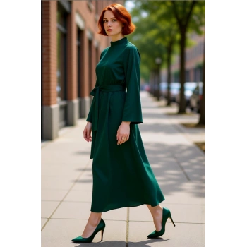 Kadın Haki Dik Yaka Kuşaklı Skater Dokuma Maxi Boy Elbise Uzun İspanyol Kollu Günlük Şıklık