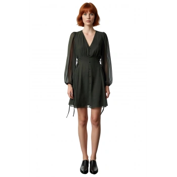 Kadın Haki Düz Desen Astarlı Balon Kol V Yaka Mini Elbise Şifon Dokuma Kumaş Kalitesiyle Kaliteli