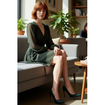 Kadın Haki Düz Desen Astarlı Balon Kol V Yaka Mini Elbise Şifon Dokuma Kumaş Kalitesiyle Kaliteli