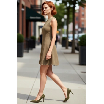 Kadın Haki Düz Süet Dokulu Nervürlü Skater Mini Elbise Bisiklet Yaka Kolsuz Tasarım Kaliteli
