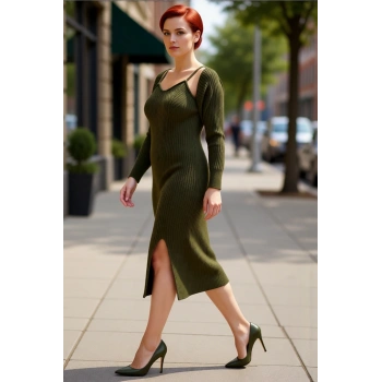 Kadın Haki Fitilli Bodycon Midi Boy Yırtmaçlı Triko Elbise Ve Düşük Kollu Bolero Takımı Kaliteli