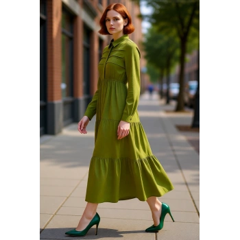 Kadın Haki Gömlek Yaka Uzun Kol Maxi Boy Skater Elbise Jakar Dokuma Çiçekli Desenli Viskoz