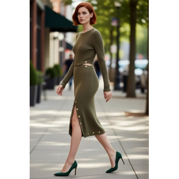 Kadın Haki Triko A line Maxi Elbise Fitilli Dokulu Çıtçıt Detaylı Modern Şık Tasarım Kaliteli