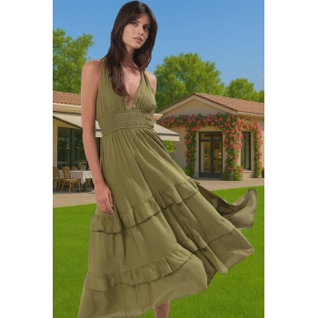 Kadın Haki Viskoz Maxi Elbise Yazlık Plaj Elbise Skater Özel Tasarım Trend Tasarım