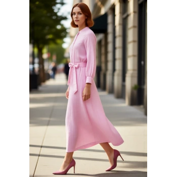 Kadın Hakim Yaka %100 Pamuk Dokuma Shift Elbise Kuşak Detaylı Uzun Kollu Şık ve Rahat Günlük Giyim.