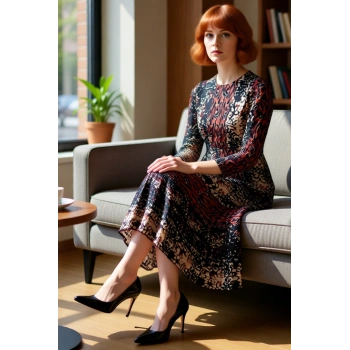 Kadın Hakim Yaka Uzun Kollu Şifon Dokuma Animal Desenli Astarlı Skater Maxi Elbise Kaliteli