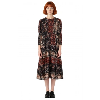 Kadın Hakim Yaka Uzun Kollu Şifon Dokuma Animal Desenli Astarlı Skater Maxi Elbise Kaliteli